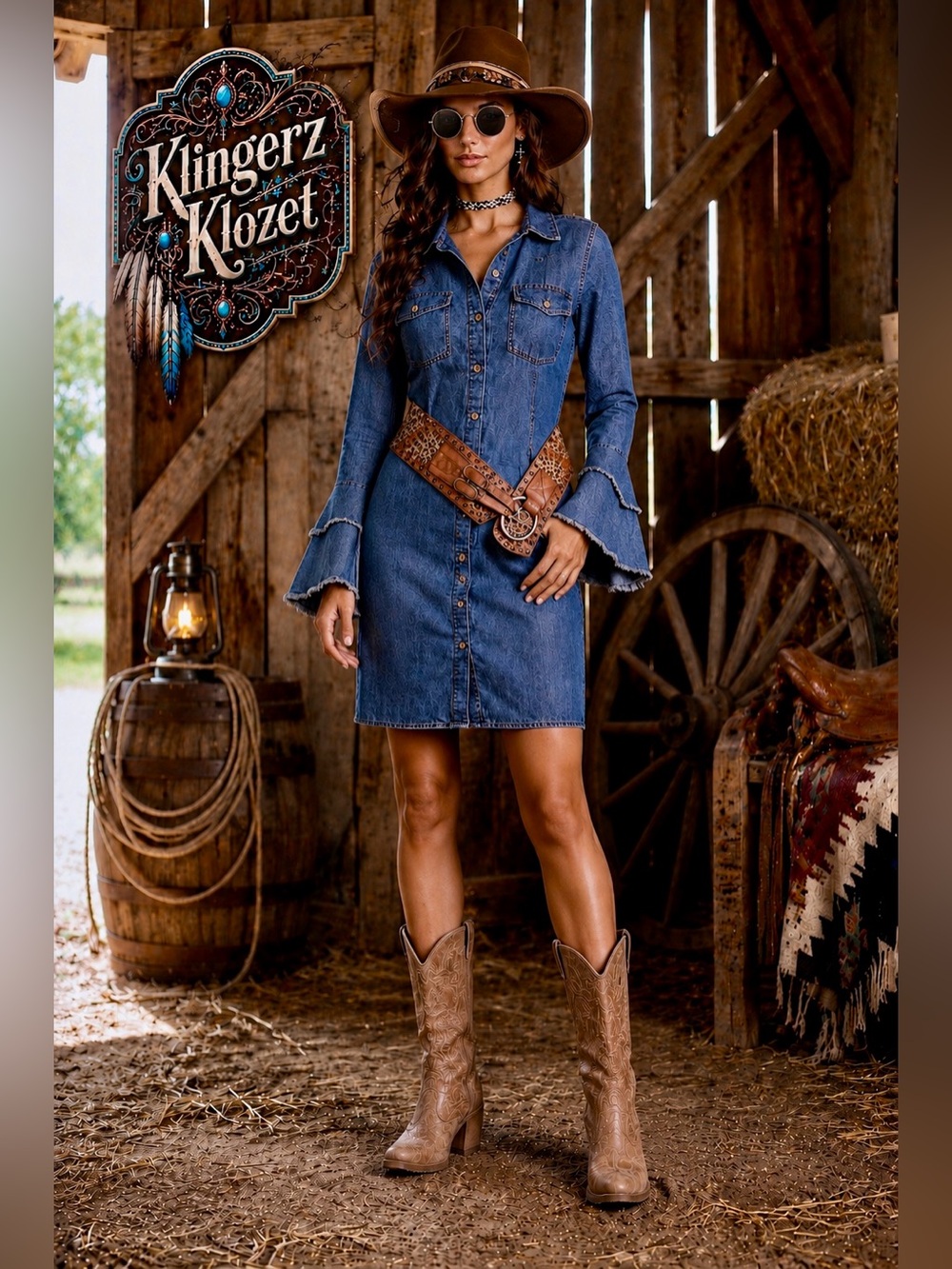 Denim boho western Button-Front Shirt Dress in Classic Blue